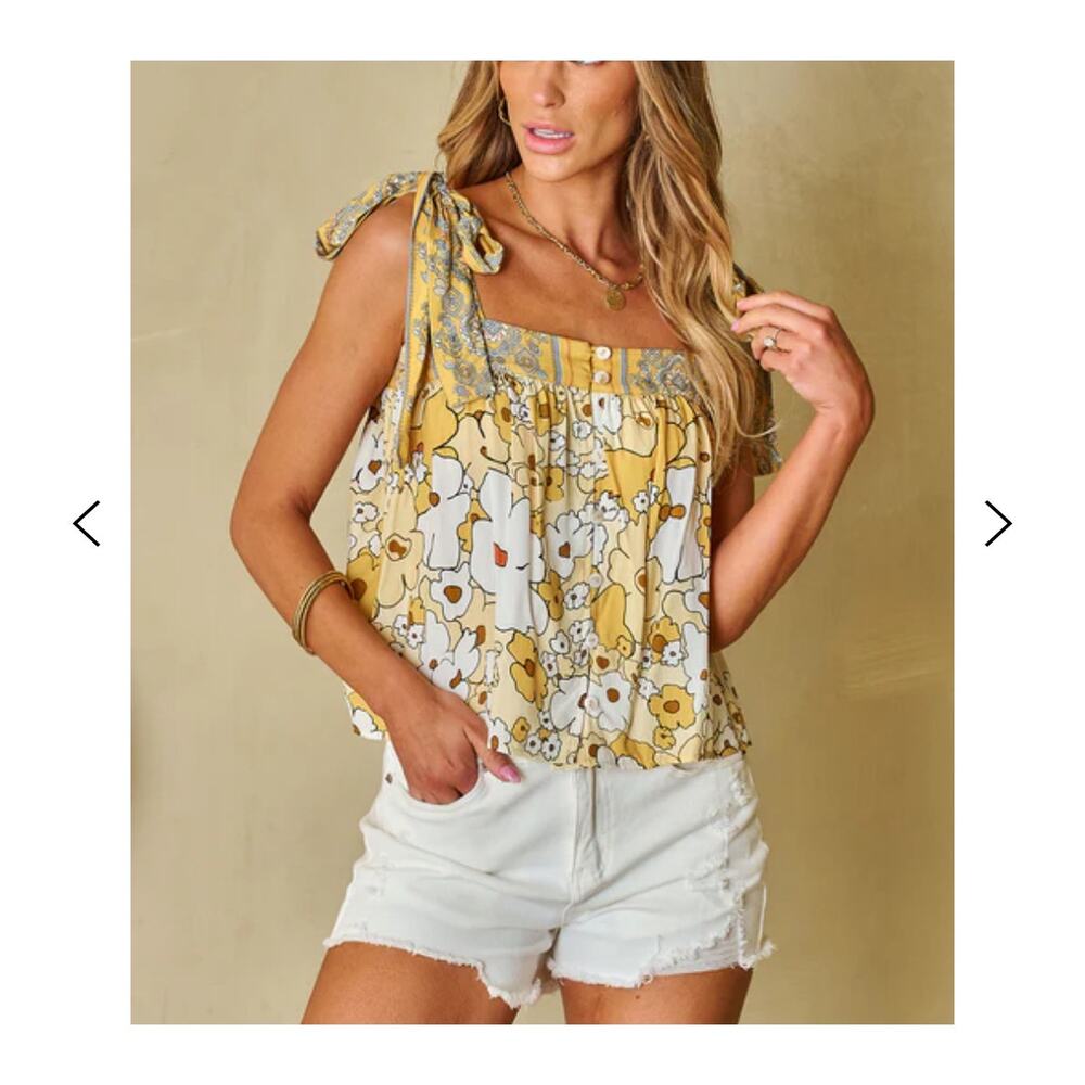 Womens Summer Boho Floral Tank Top Cute Beach Flowy Crop Blouse Top Yellow S